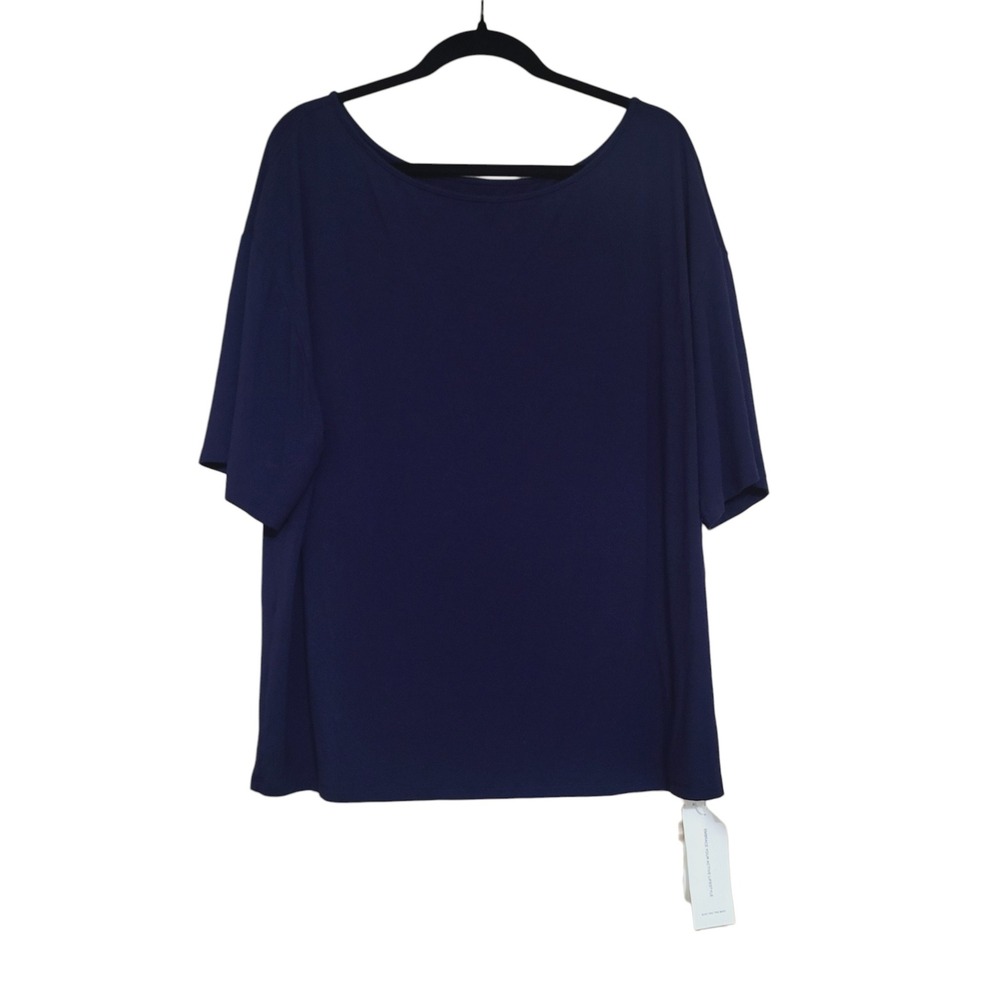 Womens XXL NWT Minimalist Deep Blue Boxy Boat Neck Viscose Stretch Tee FISOEW